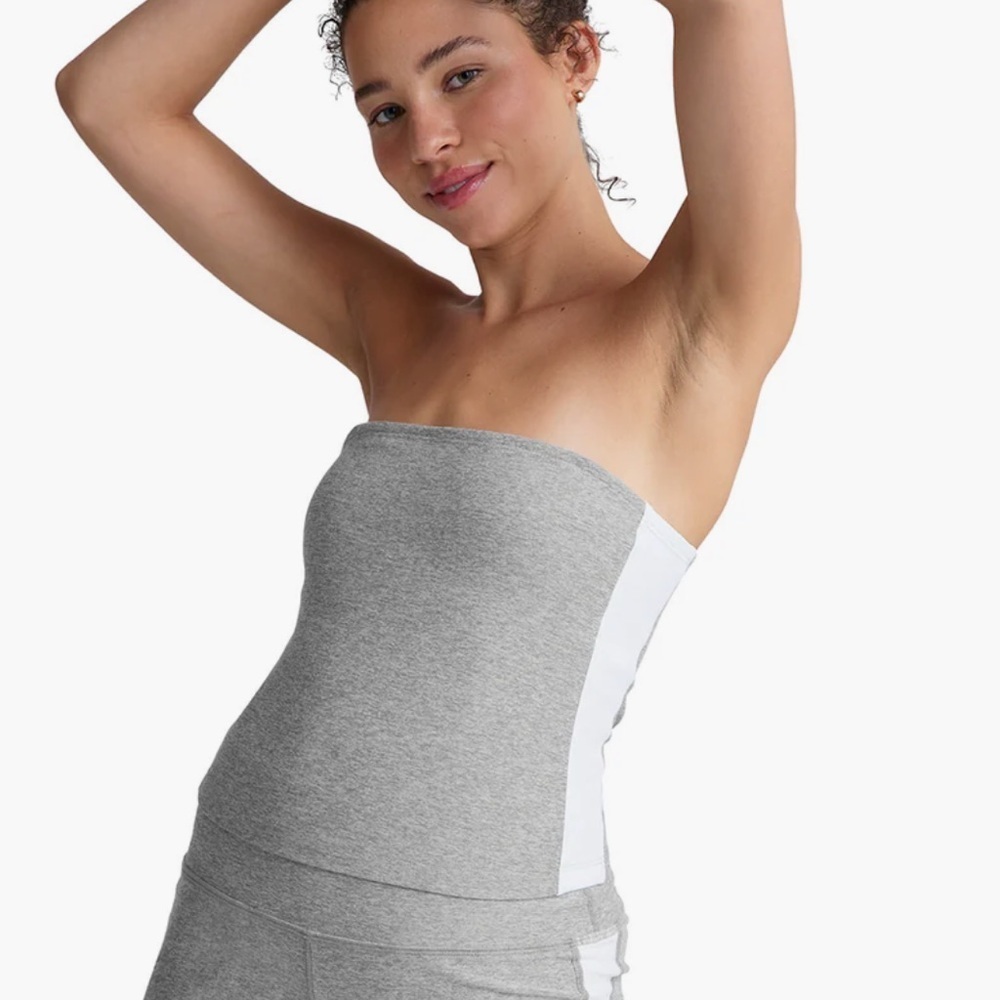 NWT Beyond Yoga Spacedye Line Up Strapless Cropped Top Silver White Stripe S
